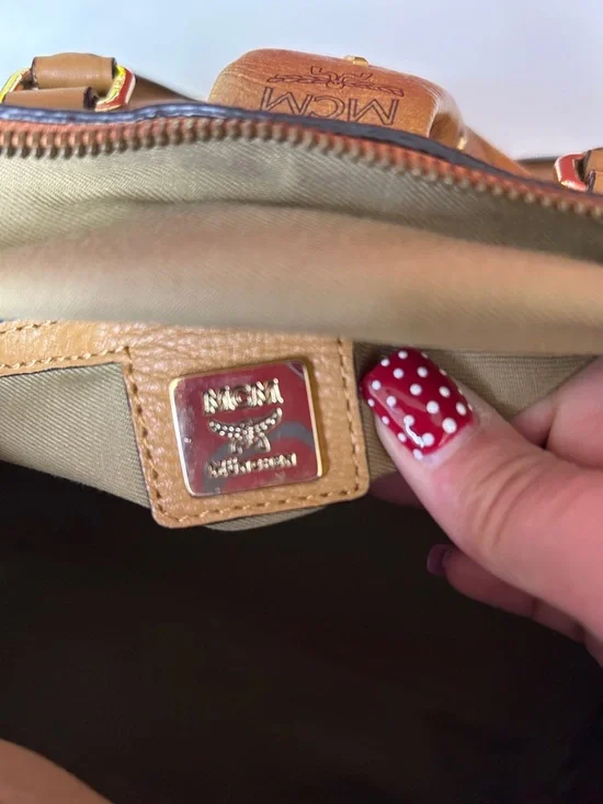 MCM Cognac Logo Visetos Barrel Satchel with Gold Plaque - Picture 7 of 14